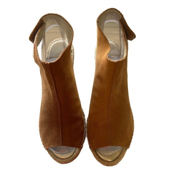 Brown Suede Peep Toe Wedge Sandals With Adjustable Velcro Strap Womens Size 7 - Picture 3 of 8